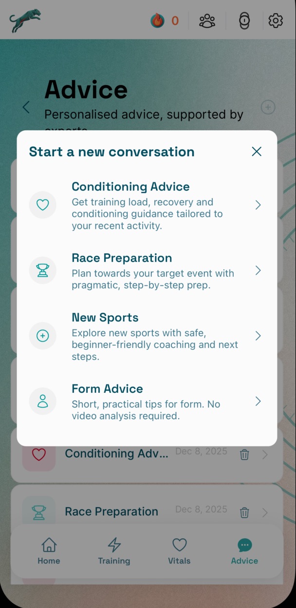 Telos advice screen for training questions with current plan context.