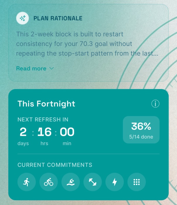 Telos fortnightly planning screen showing the next training block.