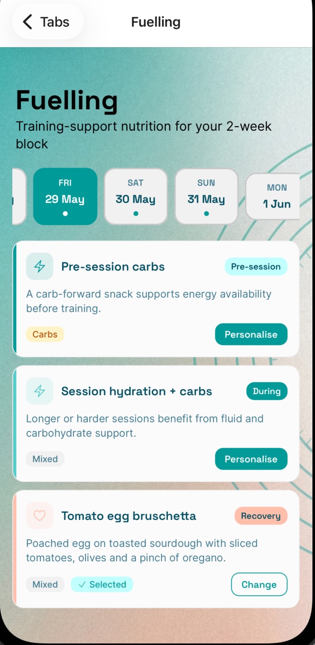 Telos fuelling guidance screen with prompts around upcoming sessions.