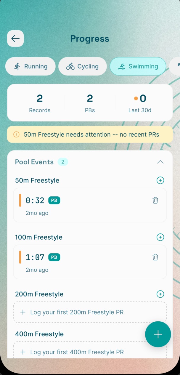 Telos progress screen showing PB and sport-specific metrics.