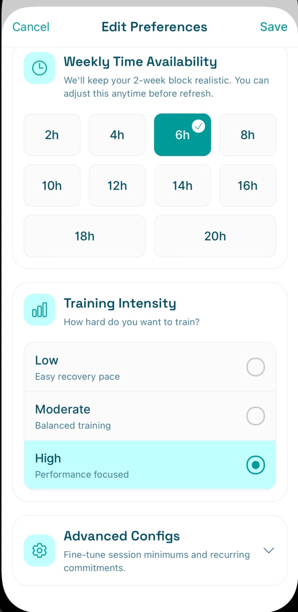 Telos training preferences screen.