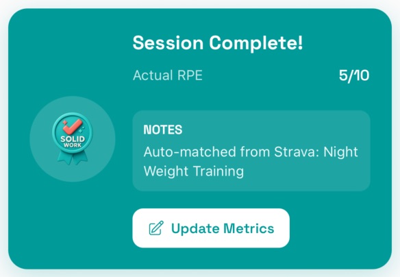 Telos completed session screen with matched activity and completion notes.