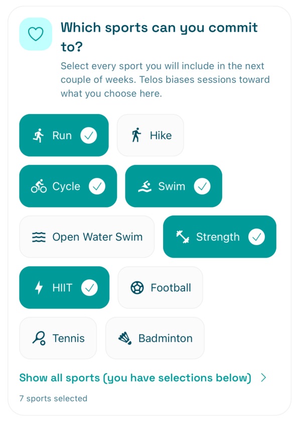 Telos sport selection screen showing multiple supported training modes.