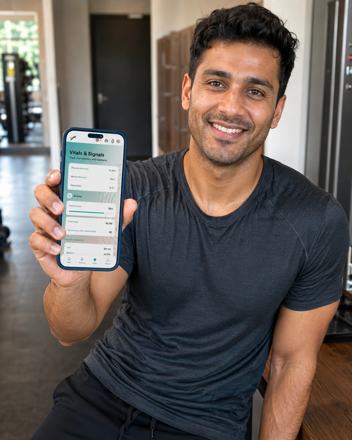 Athlete checking recovery signals between training sessions.