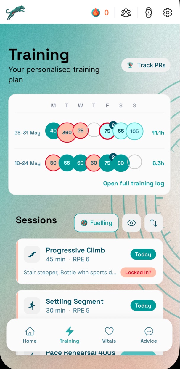 Telos training plan screen on a phone.